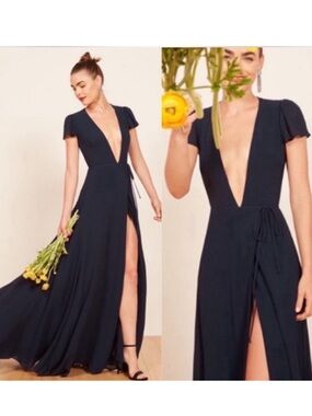 Reformation Rosey Navy Deep V Wrap Maxi Dress